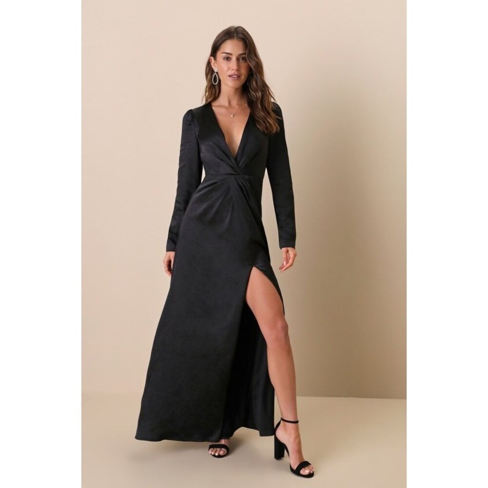 Lulus Endearing Elegance Black Satin Long Sleeve Maxi Dress - Size XS